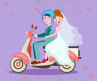 Marriage Background Couple Riding Scooter Retro Design