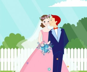 Casamento Casal Fundo Colorido Cartoon Design