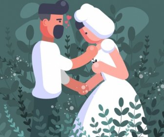 Marriage Couple Painting Colored Cartoon Design