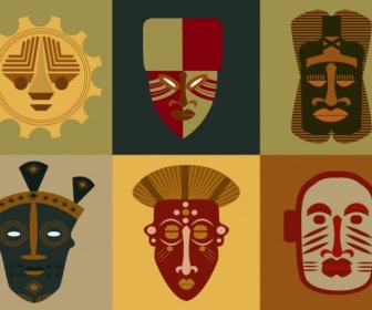 Colección Planas Mascaras Tribales Iconos De Aislamiento