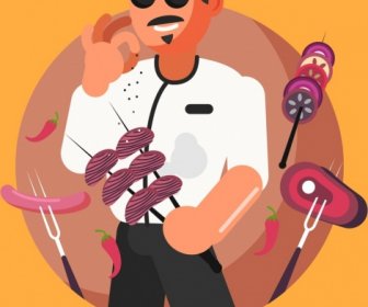Master Chef Banner Male Cook Grilled Food Icons