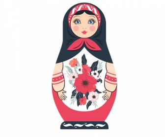 Matrioska Russian Doll Icon Cute Flat Sketch Flowers Decor