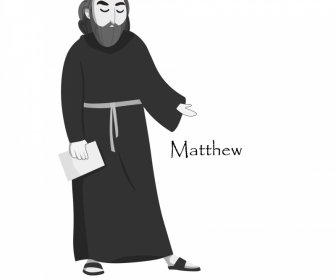 Matthew Apostle Christian Ikon Sketsa Karakter Kartun Retro Putih Hitam