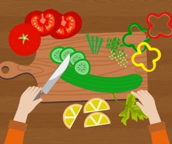 Meal Preparation Background Vegetables Cutting Knife Icons