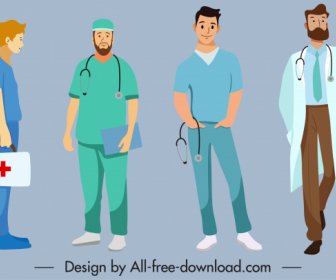 Medic Occupation Icons Men Sketch Colored Cartoon Characters