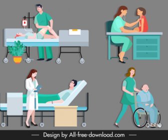 Medizinische Arbeit Symbole Arzt Patient Skizze Zeichentrickfiguren