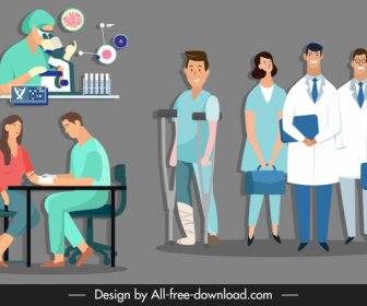 Medical Work Icons Doctors Patients Sketch Cartoon Characters