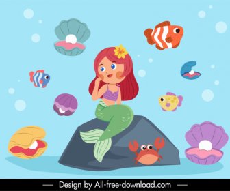 Meerjungfrau Hintergrund Bunte Cartoon Skizze Marine Arten Dekor