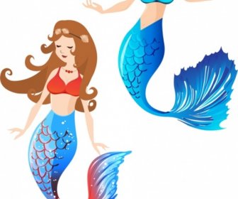Mermaid Icons Beautiful Girls Sketch Cartoon Design