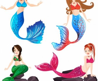 Mermaid Icons Beautiful Young Girls Sketch Cartoon Design