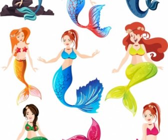 Mermaid Icons Collection Cute Young Girls Skizze