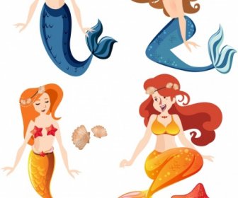 Mermaid Icons Colored Cartoon Characters Sketch