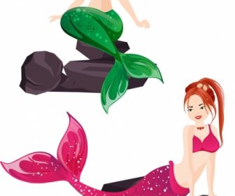 Mermaid Icons Colored Young Girls Cartoon Sketch