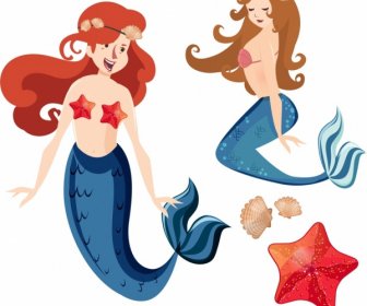 Mermaid Icons Cute Girls Colored Cartoon Characters Sketch