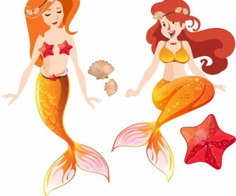 Mermaid Icons Cute Girls Sketch Cartoon Characters Design