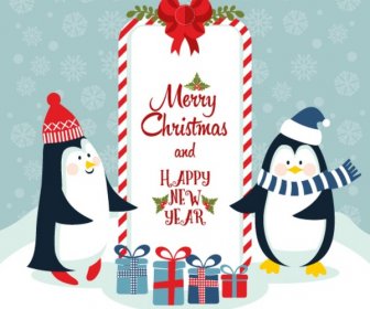 Merry Christmas And Happy New Year With Cute Penguins
