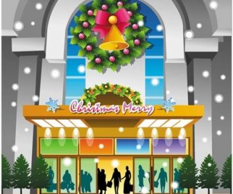 Merry Christmas Beautiful Shopping Center Vector