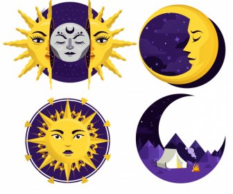 Meteorology Icons Stylized Sun Moon Shapes Sketch
