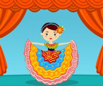 メキシコ ダンサー アイコン カラフルな衣装の装飾漫画デザイン