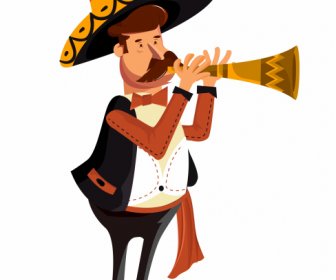 Мексиканский человек значок Рог играть эскиз мультипликационный персонаж