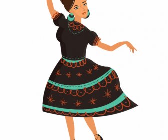 Meksiko Wanita Ikon Kostum Tradisional Menari Sketsa Kartun