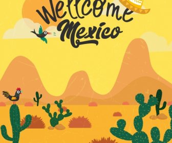 In Messico La Pubblicità Banner Deserto Paesaggio Classico Disegno Colorato