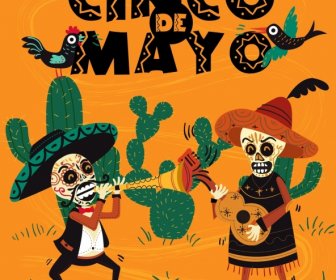 Mexico Advertising Scary Mask Traditional Costume Cactus Icons