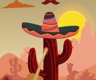 メキシコの日没の風景サボテン ギター帽子アイコンを広告
