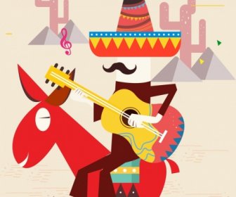 Meksiko Latar Belakang Gitaris Keledai Ikon Berwarna-warni Desain