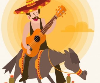 墨西哥背景的男性吉他手驢彩色卡通圖標