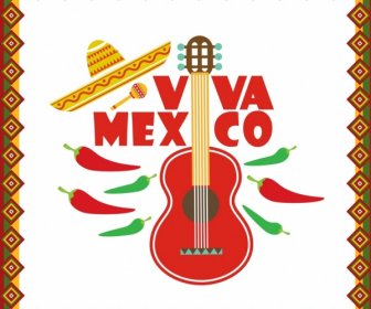 メキシコ旗古典的なフラット デザイン ギター チリ アイコン