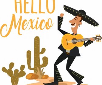 Meksiko Spanduk Laki-laki Gitaris Kaktus Ikon Kaligrafi Desain