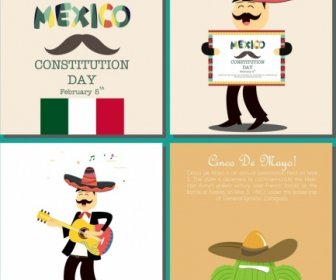 Mexico Banner Sets Sombrero Cactus Male Singer Icons