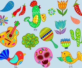 Messico Disegno Colorato Simboli Appartamento Design