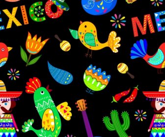 Mexiko-Design Elemente Mehrfarbige Dunkel Gestalten Verschiedene Symbole