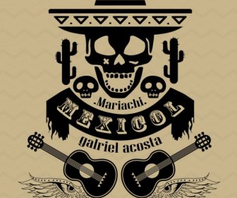 Meksiko Desain Elemen Tengkorak Gitar Ikon Desain Hitam
