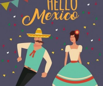 Meksiko Festival Banner Penari Tradisional Ikon Desain Retro
