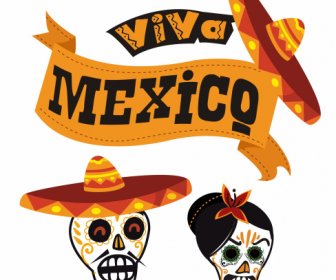 Mexiko Festliche Elemente Maske Sombrero Band Entwurfsskizze