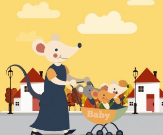Mice Family Painting Mother Kids Stroller Icons Decor