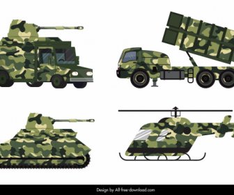 Military Vehicle Equipment Icons Modern Colored Design