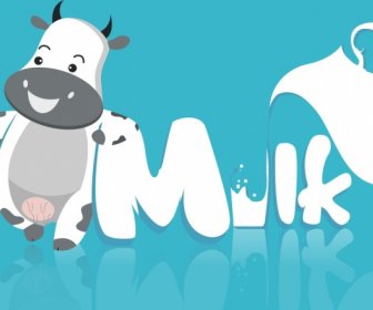 Milk Advertisement Cow Text Decoration Shiny Colored Style