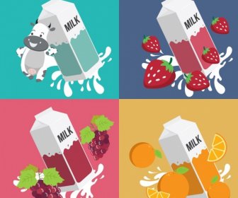 Milk Advertising Backgrounds Cow Strawberry Grape Orange Icons