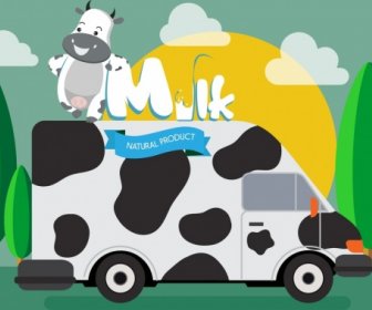 Milk Advertising Car Cow Icons Cartoon Design