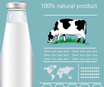 Mleko, Reklama Infografikę Butelka Krowa Ikony Ornament