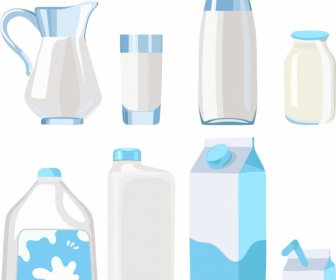 Milk Container Icons Shiny Bright Colored Sketch