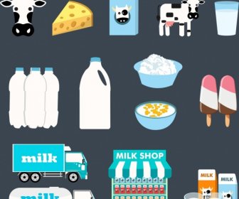 Milk Products Design Elements Cow Cheese Transportation Icons