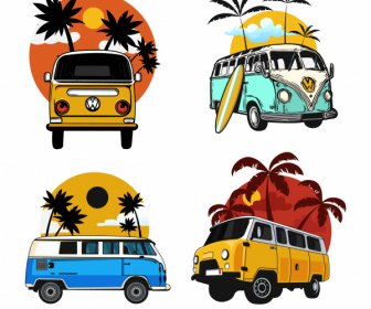 ícones De Mini ônibus Esboço Clássico Colorido