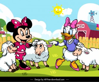 Minnie Y Daisy Telón De Fondo Lindo Diseño De Personajes De Dibujos Animados Estilizados