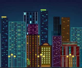 Modern City Drawing Multicolored High Building Icons
