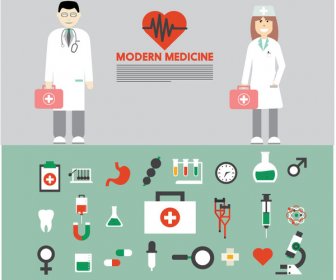 Kedokteran Modern Banner Dengan Set Alat Dan Dokter